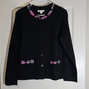 Pendleton Black Merino Wool Knit Cardigan Pink Silk Trim Long Sleeve Vintage L